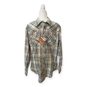 Wrangler Men's Wrancher Long Sleeve Green and Brown Plaid Shirt NWT